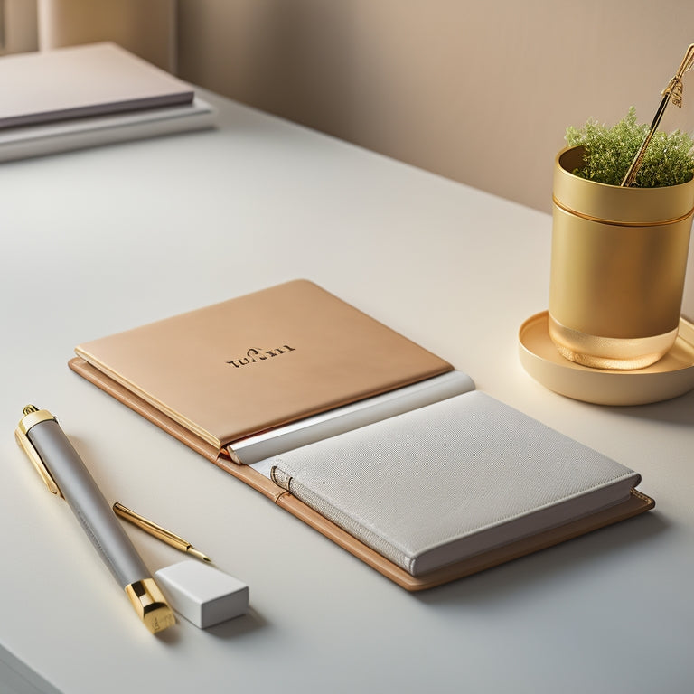 A serene, minimalist desk setup with a few, carefully placed makeup essentials, a small, leather-bound planner, and a single, elegant pen, bathed in soft, natural light.