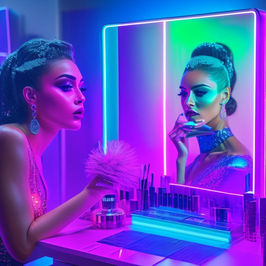 A futuristic, neon-lit vanity with a dancer's reflection in the mirror, surrounded by makeup brushes, palettes, and a smartphone displaying a business analytics dashboard.