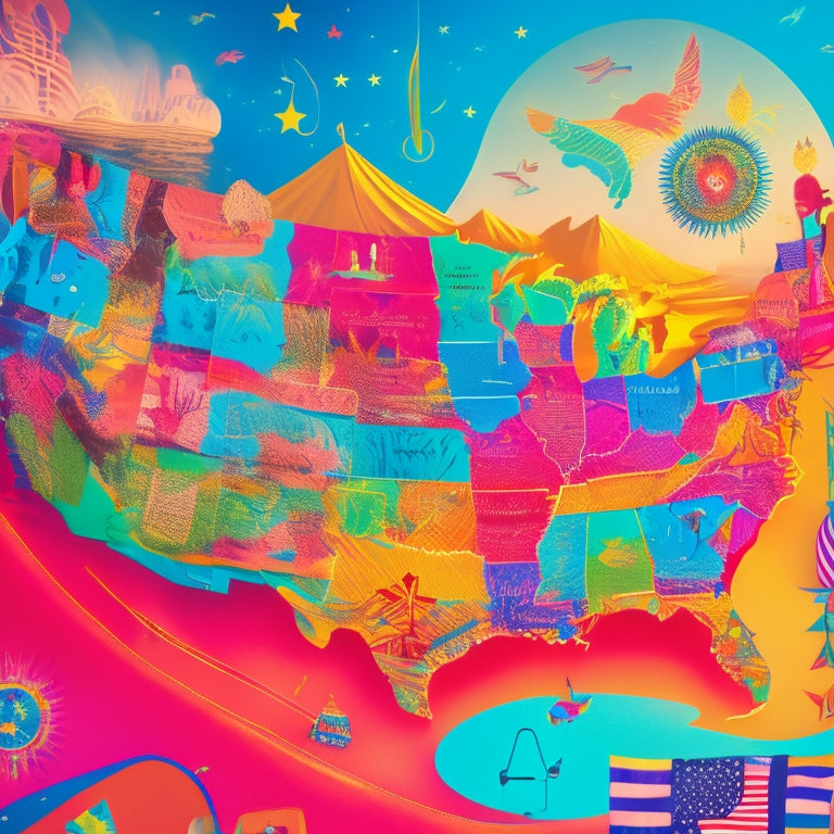 A vibrant illustration featuring a stylized map of the United States with colorful dance-inspired shapes and patterns, interspersed with musical notes and festival icons, radiating energy and movement.