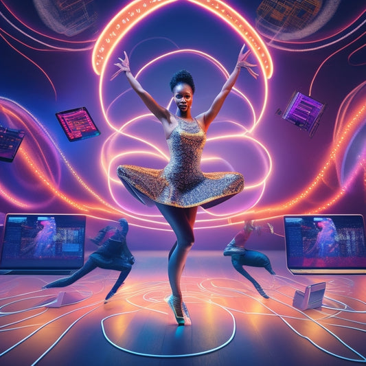 A stylized illustration of a dancer surrounded by laptops, tablets, and smartphones, with swirling lines and shapes representing online learning, amidst a background of dance floors, studios, and spotlights.