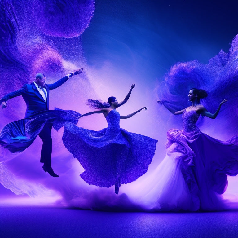 A vibrant, abstract background with swirling shapes in shades of blue and purple, surrounded by dancing silhouettes in various poses, conveying energy and movement.