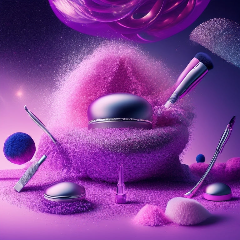 A vibrant, abstract background with glittering silver and pink hues, featuring a stylized, swirly makeup brush surrounded by miniature dancing silhouettes and tiny social media icons.