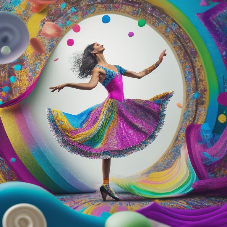 A whimsical illustration featuring a dancing figure surrounded by vibrant, swirling colors and abstract shapes, with scattered crayons and coloring pages in the background, evoking a sense of creative freedom.