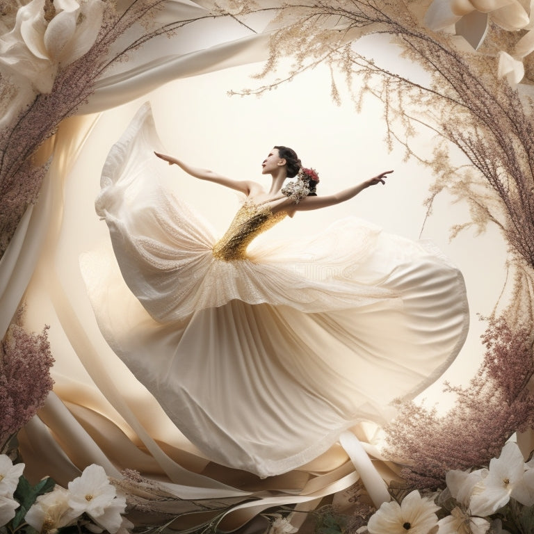 A whimsical illustration of a delicate dancer's silhouette surrounded by swirling ribbons and flowers, set against a soft, creamy background with subtle gold accents.