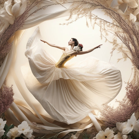 A whimsical illustration of a delicate dancer's silhouette surrounded by swirling ribbons and flowers, set against a soft, creamy background with subtle gold accents.