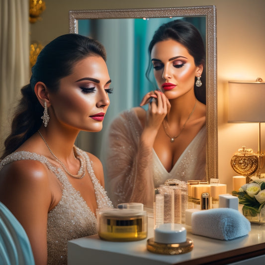 A serene, well-lit makeup room with a bride-to-be sitting in front of a vanity, surrounded by scattered makeup products and brushes, with a mirror reflecting her partially made-up face.