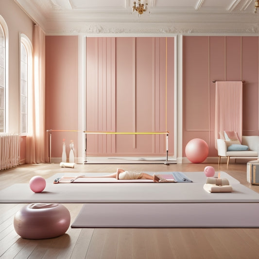 A serene, well-lit room with a ballet barre attached to a mirrored wall, a yoga mat on a plush, neutral-colored carpet, and a few exercise balls and resistance bands scattered around.