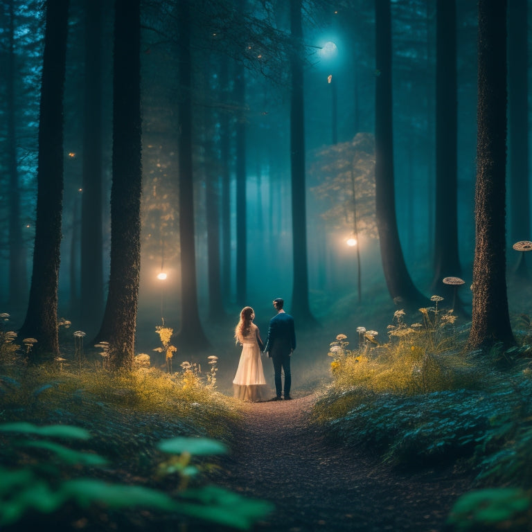 A whimsical, moonlit forest glade with glowing mushrooms, twinkling fireflies, and a delicate, shimmering mist, featuring a subtle, ethereal silhouette of a couple embracing in the distance.