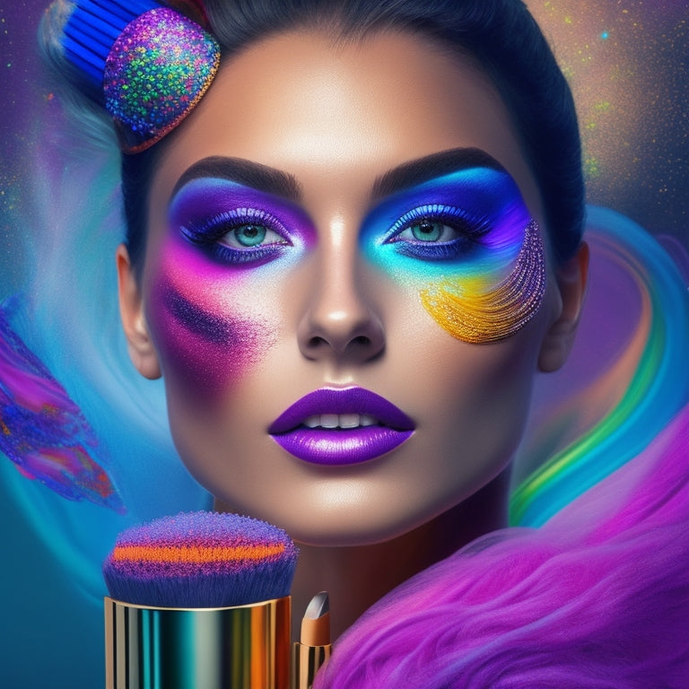 A mesmerizing digital makeup guide illustration featuring a stunning model with vibrant, swirling makeup patterns and colors radiating from her face, surrounded by floating makeup brushes and cosmetic tools.