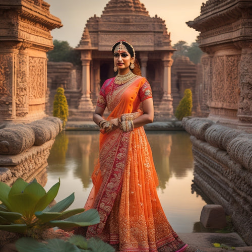 A serene Indian dancer in a vibrant orange sari, adorned with intricate jewelry, stands in a Namaste pose amidst ancient temple ruins, surrounded by lotus flowers and ornate stone carvings.