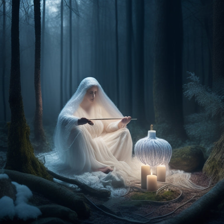 A whimsical illustration of a ghostly figure, translucent and ethereal, surrounded by swirling yarn and knitting needles, with a subtle background of misty, moonlit woods.