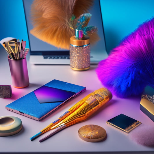 A sleek, modern desk with a laptop, smartphone, and colorful makeup brushes, surrounded by dance-inspired items like a pair of pointe shoes and a feathered headdress, amidst a subtle, shimmering background.