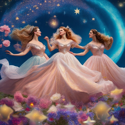 A whimsical, dreamy illustration of three dancing maidens, adorned with glittering jewels and flowing gowns, surrounded by swirling clouds, stars, and delicate floral patterns, set against a soft, shimmering moonlit background.