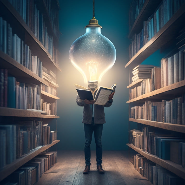 A stylized illustration of a person surrounded by floating, glowing ebooks, with a subtle background of bookshelves and a faint lightbulb above the person's head, symbolizing learning and discovery.