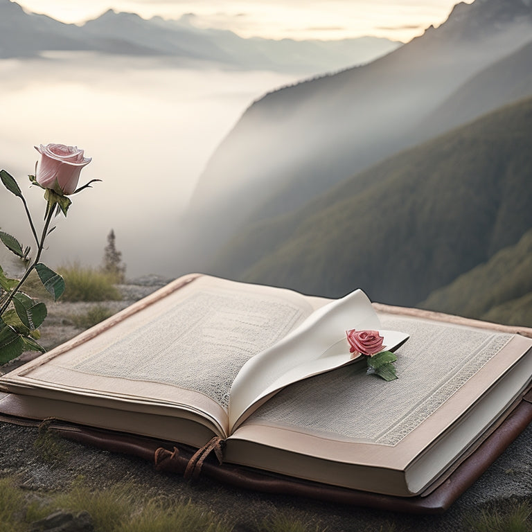 A serene, misty mountain landscape at dawn, with a delicate, lace-trimmed wedding veil gently blowing in the wind, beside a worn, leather-bound journal and a single, long-stemmed rose.