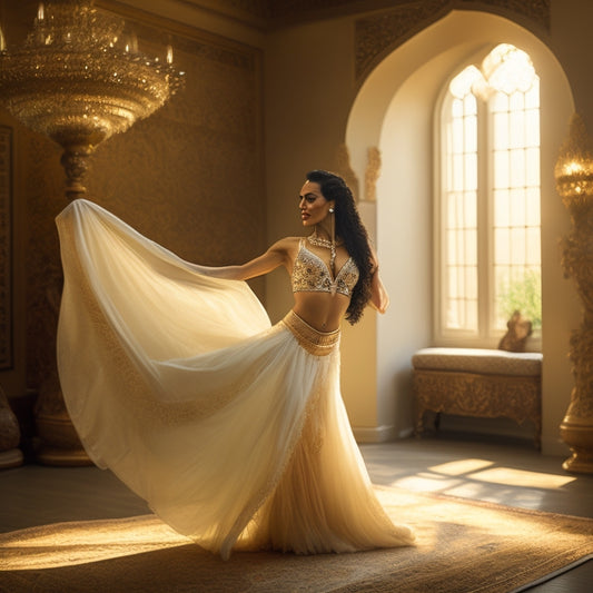A serene, golden-lit dance studio with a lone, strong, and flexible belly dancer in a flowing white skirt, surrounded by subtle, whimsical Middle Eastern-inspired patterns and soft, feathery fabrics.