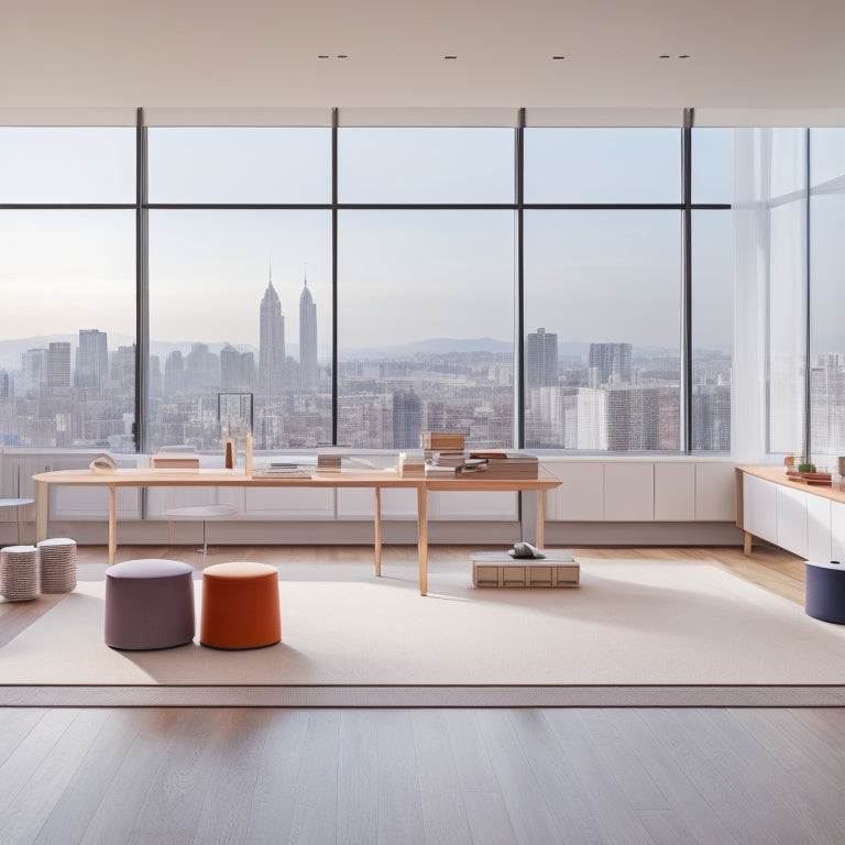 A minimalist dance studio with a large, sleek wooden table in the center, surrounded by 10 neatly organized folders and colorful pens, amidst a subtle cityscape background.