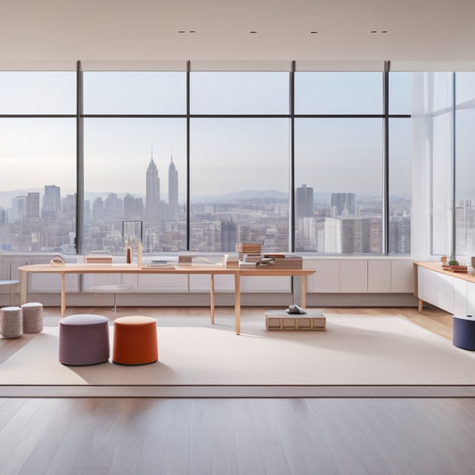 A minimalist dance studio with a large, sleek wooden table in the center, surrounded by 10 neatly organized folders and colorful pens, amidst a subtle cityscape background.