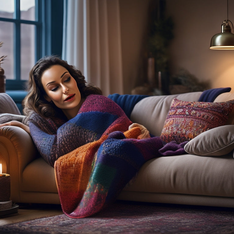 A cozy living room scene featuring a stylish woman lounging on a plush sofa, wearing colorful microfiber tights, surrounded by soft blankets and warm lighting, exuding comfort and trendy fashion.