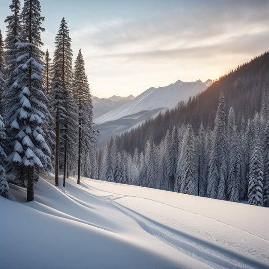 A serene winter landscape with a lone skier carving precise turns down a snow-covered mountain, leaving behind a trail of perfectly spaced tracks amidst a backdrop of towering evergreen trees.