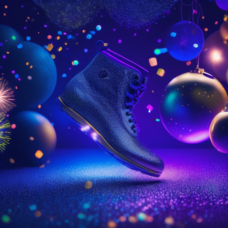 A vibrant, dynamic illustration featuring a pair of dancing feet in mid-air, surrounded by swirling lights, disco balls, and confetti, set against a dark blue or purple background with neon accents.