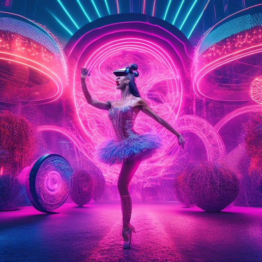 A whimsical illustration of a dancer surrounded by virtual reality gears, neon lights, and swirling patterns, with a subtle cityscape or nightclub-inspired background.