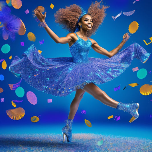 A vibrant illustration of a dancer in motion, surrounded by swirling patterns of music notes, dance shoes, and confetti, set against a bright, gradient blue background with subtle sparkle accents.