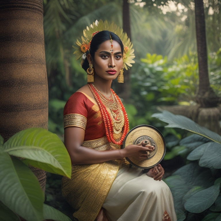 A serene Balinese dancer in traditional attire, surrounded by lush greenery, with a vintage film reel and a few musical notes subtly integrated into the background, evoking a sense of nostalgia and cultural heritage.