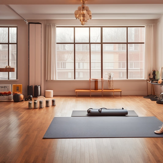 A clutter-free dance studio with a sleek wooden floor, surrounded by 10 neatly arranged dance gear items: a ballet barre, dance shoes, resistance bands, a yoga mat, and more.