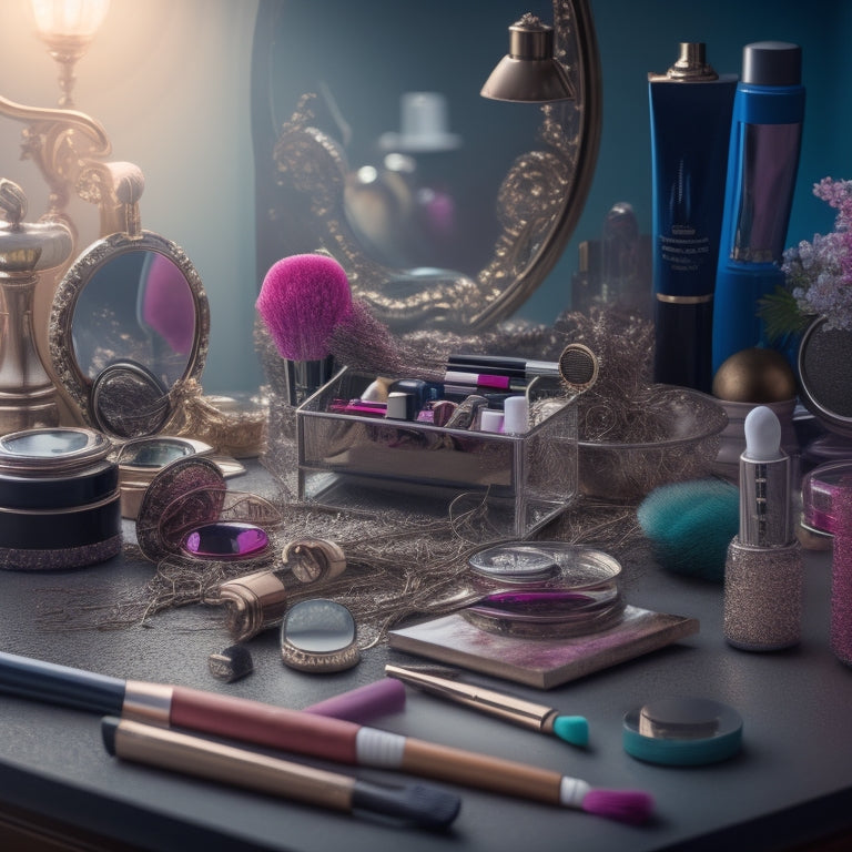 A cluttered vanity with scattered makeup products, brushes, and mirrors, surrounded by a messy background, with a few clocks and hourglasses scattered around, conveying a sense of chaos and time-wasting.