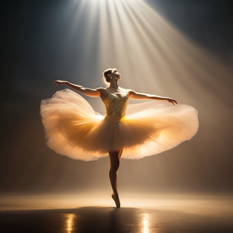 A spotlight shines on a solo dancer, poised in a dramatic leap, amidst a darkened, misty background, with subtle, golden stage lights reflecting off their flowing, tutu-like skirt.