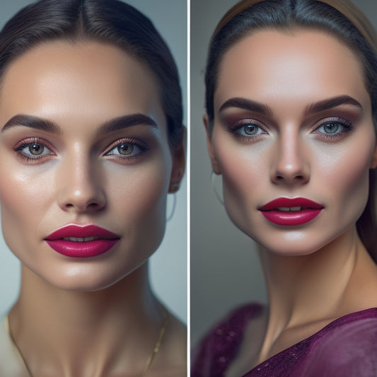 A split-screen image featuring a before-and-after comparison of a woman's face, showcasing a natural, effortless dance makeup look with subtle highlighting, defined brows, and bold lip color.