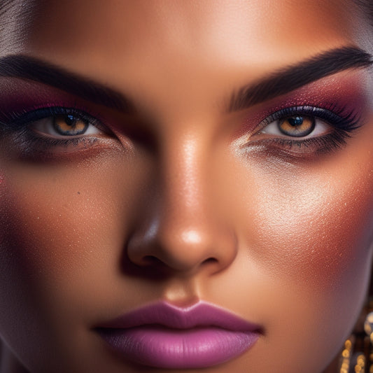 A close-up shot of a dancer's face, spotlight-illuminated, with a flawless, shimmering complexion, bold eyebrows, and vibrant, smoky eyes, showcasing a mesmerizing, stage-ready look.