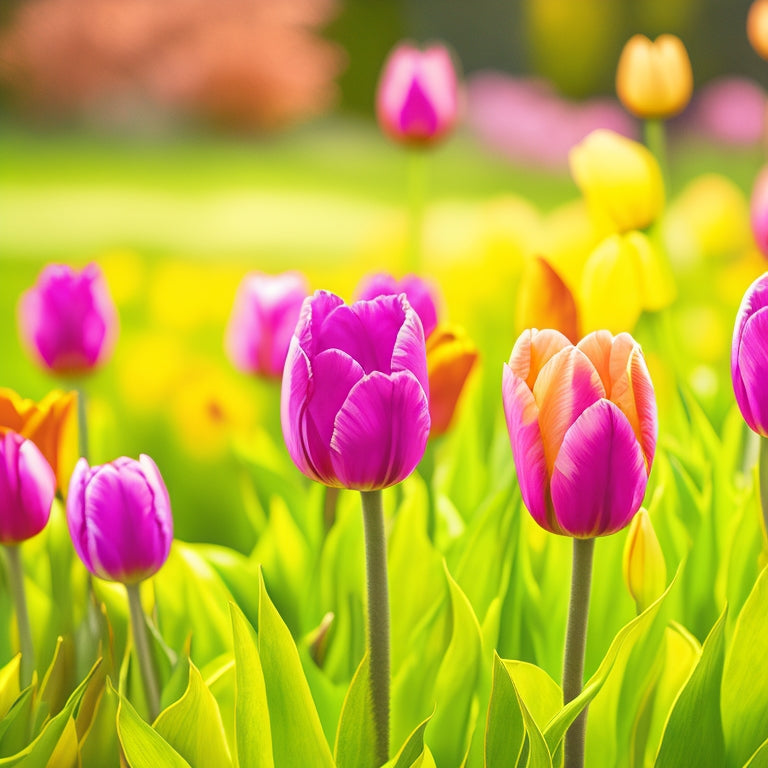 Vibrant tulips in shades of pink, yellow, and purple burst forth from the garden, their delicate petals swaying gently in the breeze, surrounded by lush greenery and warm sunlight.