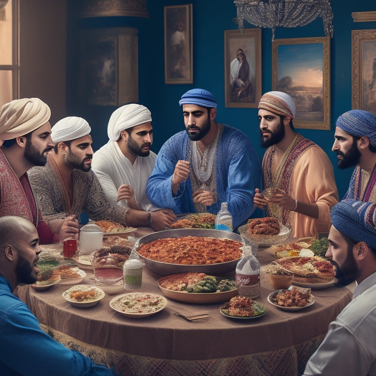 A vibrant illustration depicting a diverse group of men from various Middle Eastern backgrounds gathered around a virtual table, engaged in lively discussions and sharing traditional dishes.