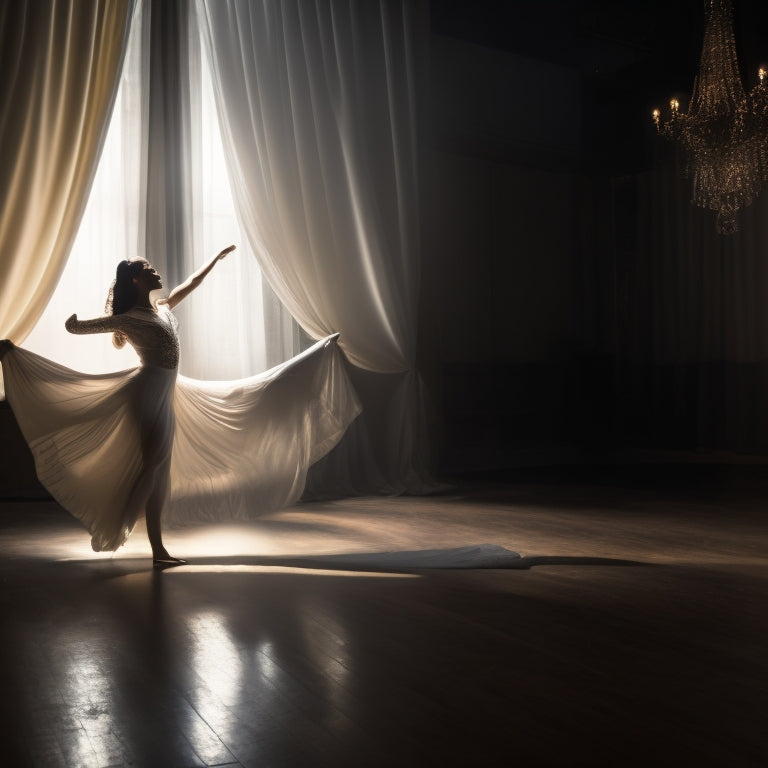 A dancer stands in a dimly lit studio, surrounded by floor-to-ceiling curtains, with a subtle spotlight shining down, focusing on their fluid movements, sans mirror, lost in the rhythm and expression.