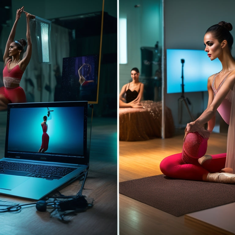 A split-screen image featuring a professional dancer in a studio on one side, surrounded by mirrors and ballet bars, with a laptop open to a virtual makeup class on the other side.