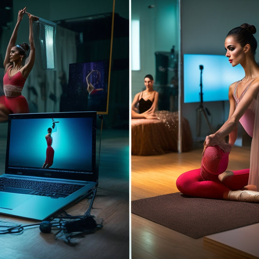 A split-screen image featuring a professional dancer in a studio on one side, surrounded by mirrors and ballet bars, with a laptop open to a virtual makeup class on the other side.