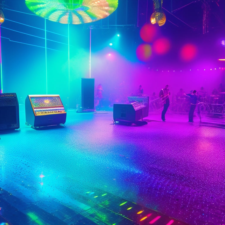 A psychedelic dance floor scene at night, with flashing disco balls, shimmering confetti, and vinyl records scattered around, surrounded by abstract shapes in neon pink, blue, and green hues.