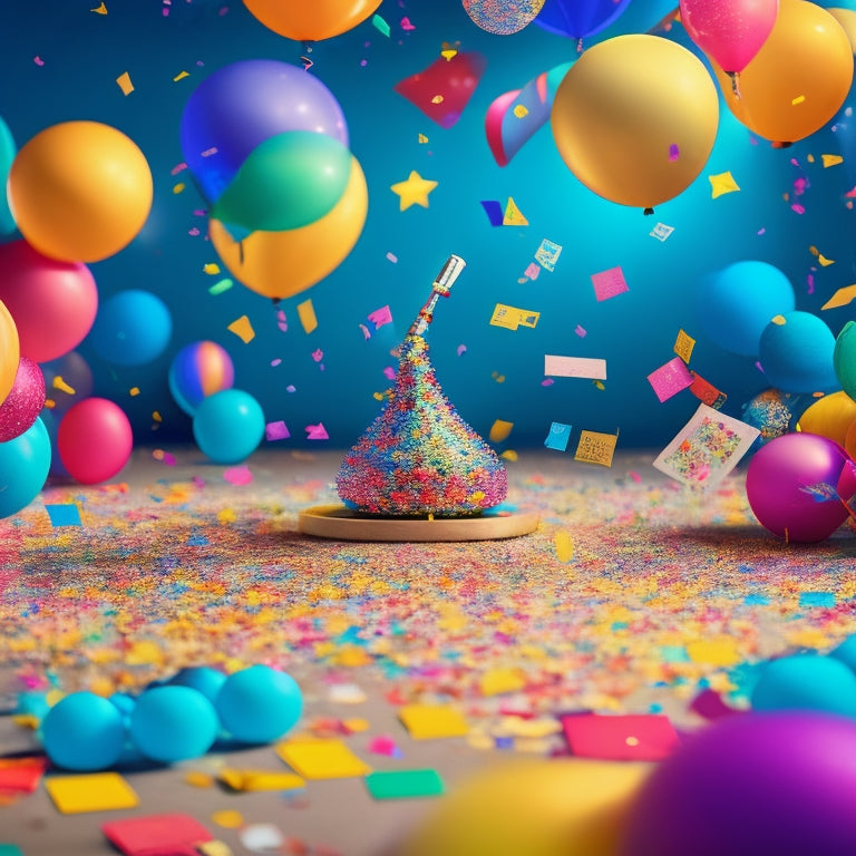 A whimsical illustration featuring a colorful dance floor surrounded by scattered dance cards, confetti, and balloons, with a few cards forming a swirling dance pattern in mid-air.