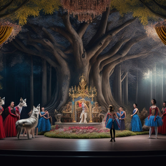 A whimsical illustration of a grand, ornate theater stage, with a majestic wolf puppet looming in the shadows, surrounded by ballet dancers in colorful costumes, amidst a forest of twisted tree limbs.