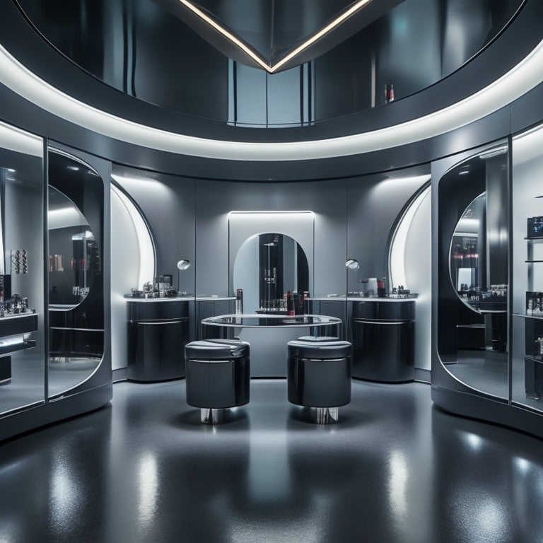A futuristic, sleek makeup studio with sleek black counters, gleaming chrome accents, and a massive, circular, floor-to-ceiling LED screen displaying a 3D makeup tutorial.