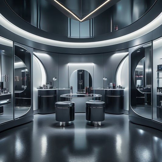 A futuristic, sleek makeup studio with sleek black counters, gleaming chrome accents, and a massive, circular, floor-to-ceiling LED screen displaying a 3D makeup tutorial.