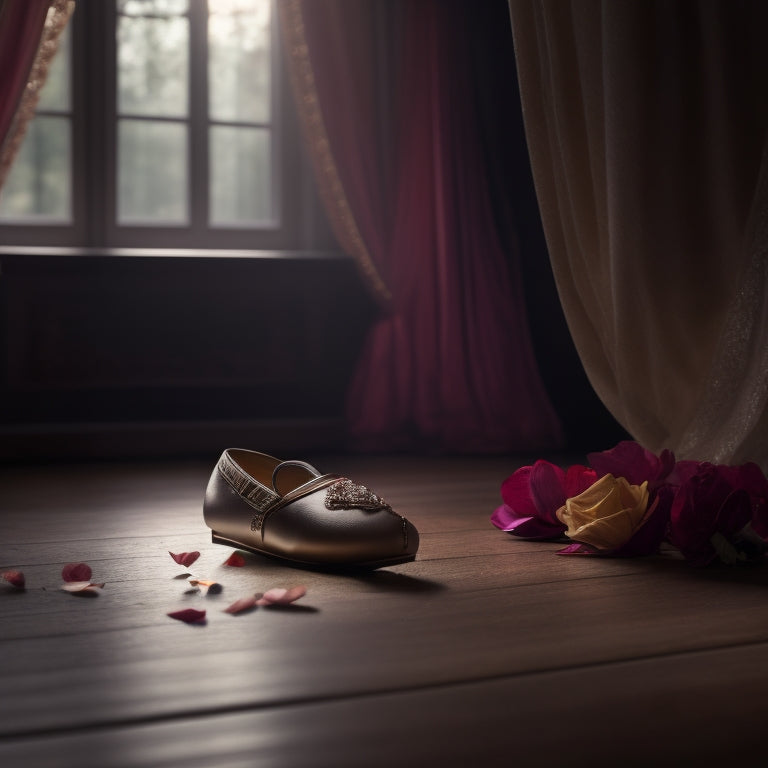 A serene, dimly lit stage with a subtle spotlight shining down, a delicate ballet slipper and a few scattered rose petals on a polished wooden floor, surrounded by elegant golden curtains.