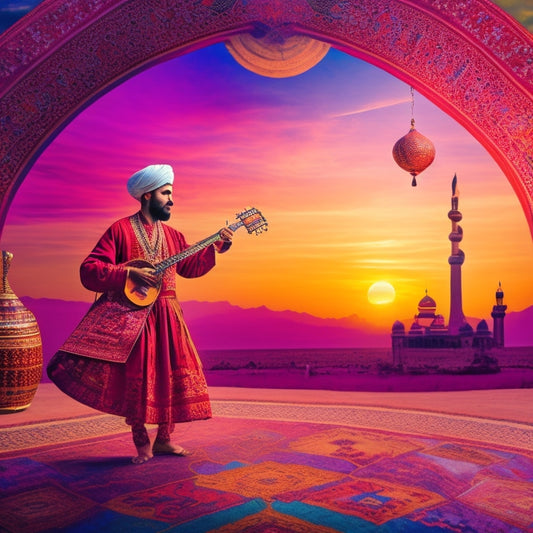 A vibrant illustration featuring a whirling dervish surrounded by eclectic Middle Eastern instruments, colorful Persian rugs, and intricate Arabic geometric patterns, all set against a warm, sunset-hued background.
