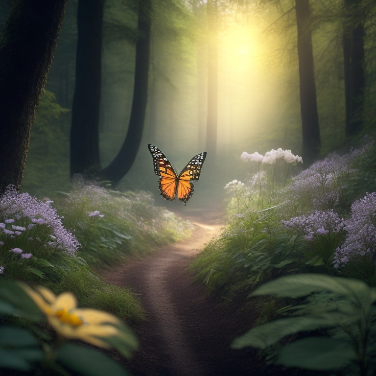 A serene, misty forest with a winding path leading to a radiant, glowing butterfly emerging from a cocoon, surrounded by blooming flowers, and a subtle, shimmering aura.