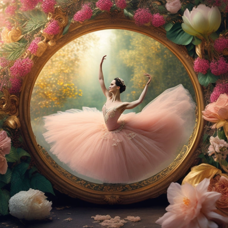 A delicate, golden-framed illustration of a ballerina in a flowing, pale pink tutu, surrounded by swirling flowers and vines, set against a soft, creamy background.