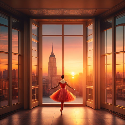 A stylized illustration depicting a young dancer standing in front of a cityscape at sunset, with multiple doors and windows opening up to reveal ballet studios, concert halls, and Broadway stages.