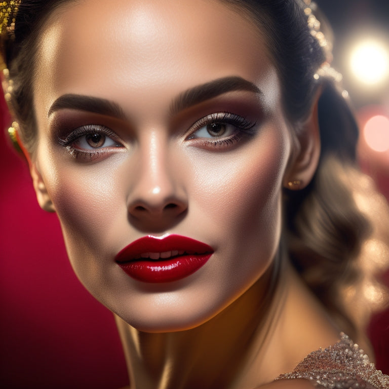 A spotlight shines on a dancer's face, highlighting a flawless, shimmering makeup look: bold eyeliner, contoured cheekbones, and a bold, red lip, surrounded by a blurred, darkened dance studio background.