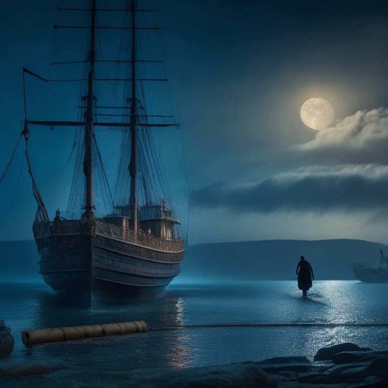 A haunting, moonlit ocean scene with a worn, 19th-century wooden ship in the background, a lone, shackled leg extending out of the cargo hold, and a faint, ghostly figure in the foreground.